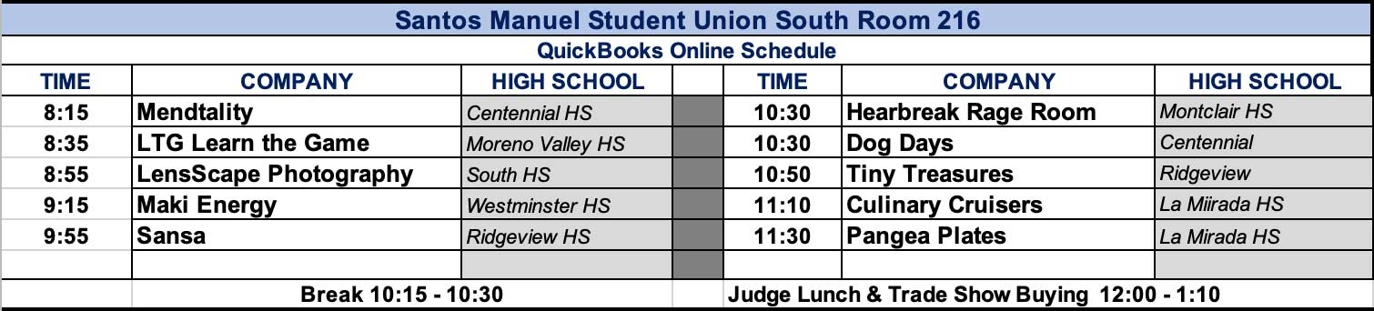 VE Quickbooks Competition Schedule