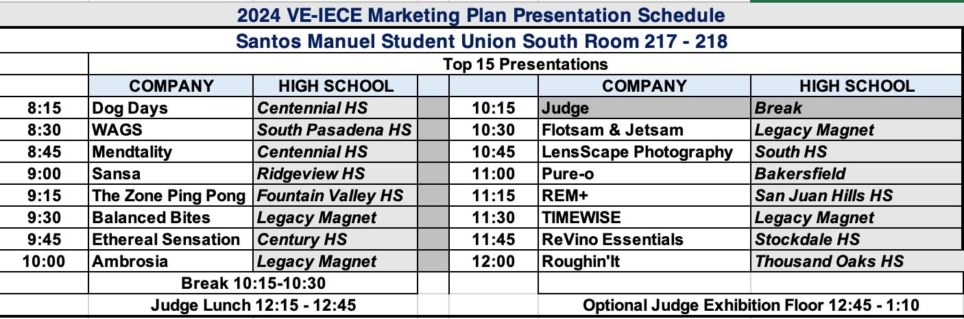 VE Marketing Competition Schedule